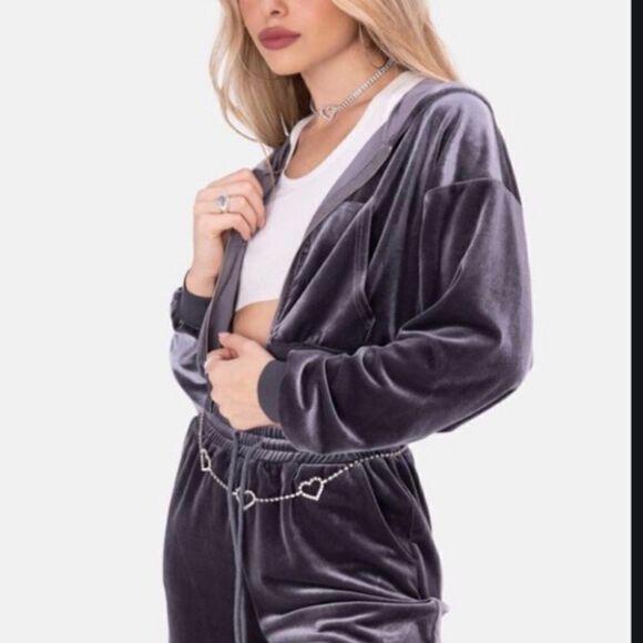 Adika Gambino Gray Zip-Up Velvet Crop Top Hoodie Size XL - Picture 3 of 12